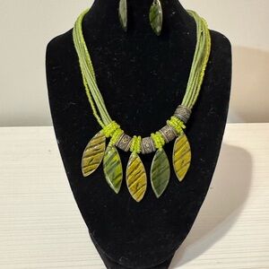 Green Leaf Necklace and Earring Set